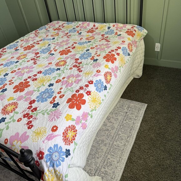Floral Quilt Bedspread Duvet Full/Queen White Multicolor Flowers Retro Boho - Picture 3 of 7